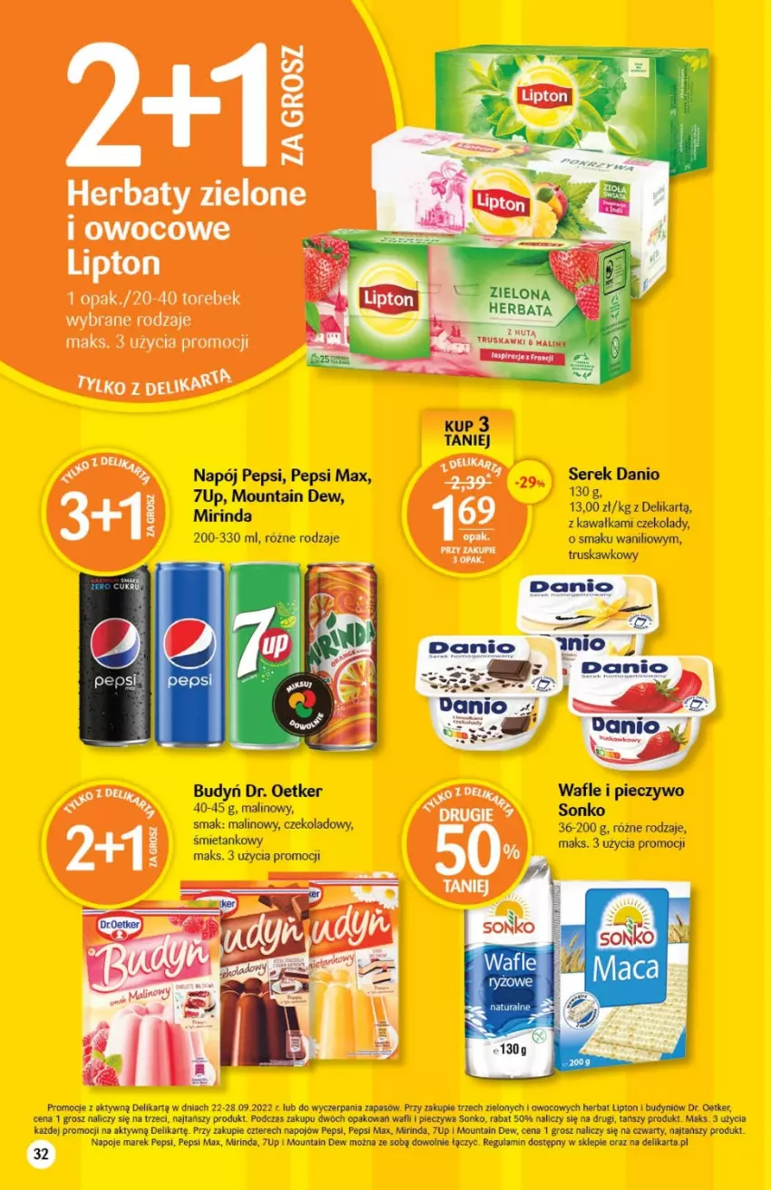 Gazetka promocyjna Delikatesy Centrum - Gazetka DC37 - ważna 22.09 do 28.09.2022 - strona 32 - produkty: 7up, Budyń, Danio, Dr. Oetker, Kawa, Lipton, Mirinda, Napój, Napoje, Pepsi, Pepsi max, Piec, Pieczywo, Ser, Serek, Sonko, Wafle