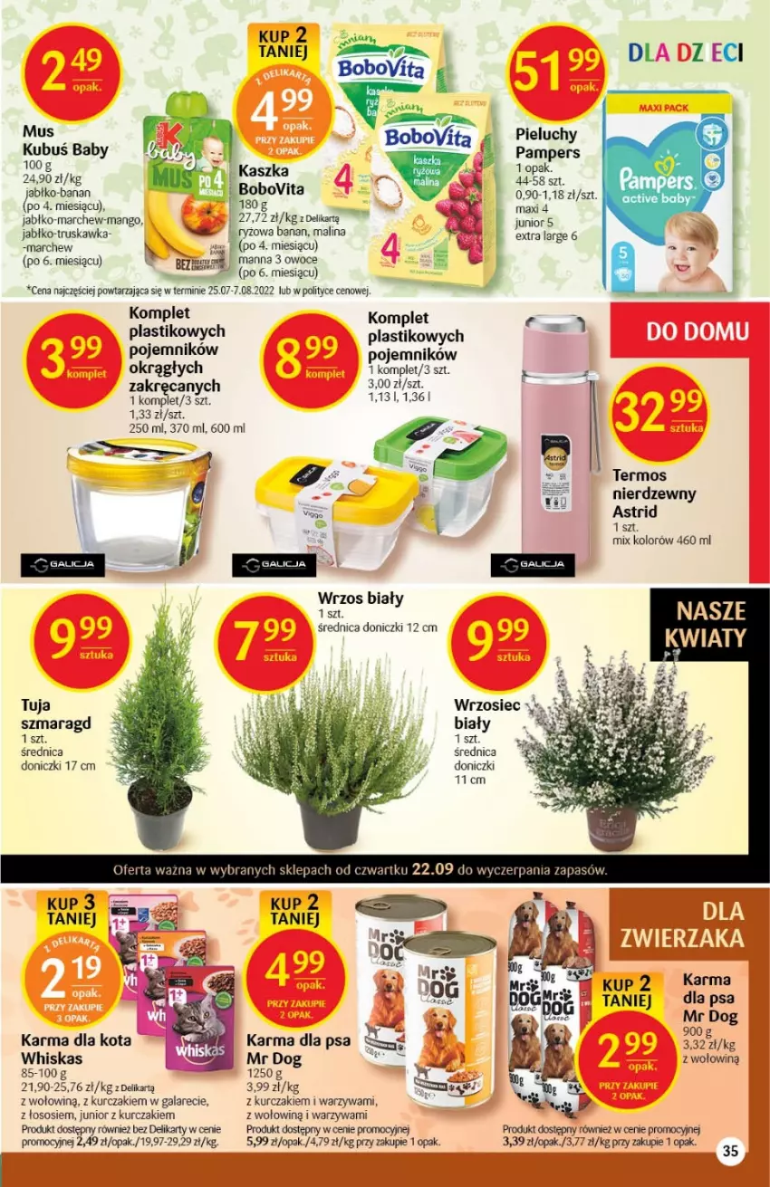 Gazetka promocyjna Delikatesy Centrum - Gazetka DC37 - ważna 22.09 do 28.09.2022 - strona 35 - produkty: Astrid, Gala, Kubuś, Kurczak, Mango, Mus, Owoce, Pampers, Pieluchy, Pojemnik, Sos, Termos, Warzywa, Whiskas