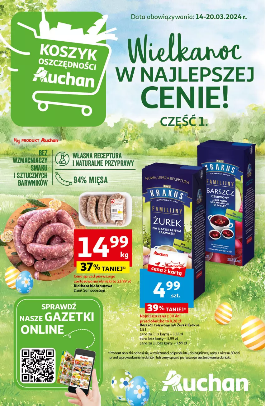 Gazetka promocyjna Auchan - Wielkanoc z najlepszej cenie! Część 1. Hipermarket Auchan - ważna 14.03 do 20.03.2024 - strona 1 - produkty: Fa, Kiełbasa, Kiełbasa biała, Krakus, Przyprawy