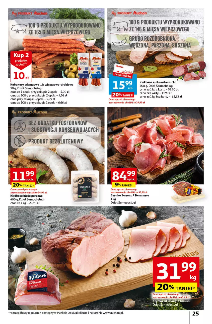 Gazetka promocyjna Auchan - Wielkanoc z najlepszej cenie! Część 1. Hipermarket Auchan - ważna 14.03 do 20.03.2024 - strona 25 - produkty: Kabanos, Kiełbasa, Kiełbasa biała, Kiełbasa krakowska, Ser, Szynka