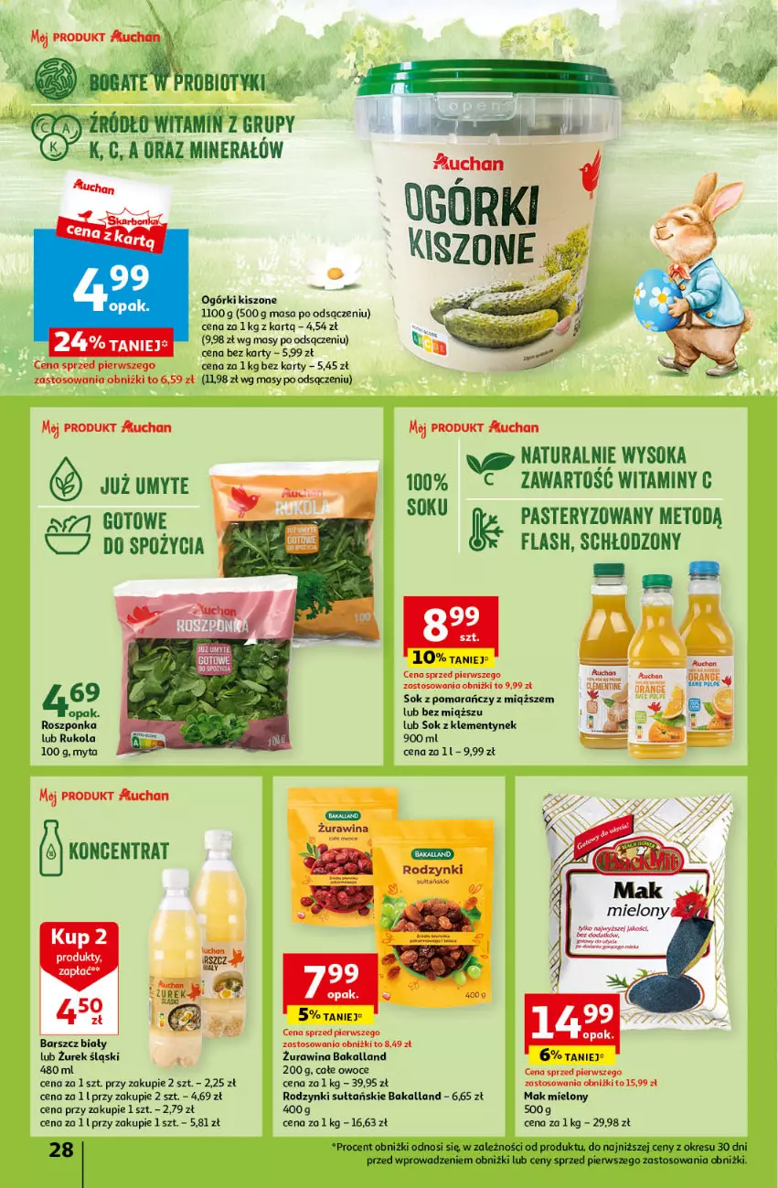 Gazetka promocyjna Auchan - Wielkanoc z najlepszej cenie! Część 1. Hipermarket Auchan - ważna 14.03 do 20.03.2024 - strona 28 - produkty: Bakalland, Mak mielony, Owoce, Probiotyk, Rodzynki, Roszponka, Rukola, Sok