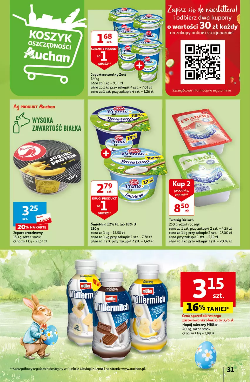 Gazetka promocyjna Auchan - Wielkanoc z najlepszej cenie! Część 1. Hipermarket Auchan - ważna 14.03 do 20.03.2024 - strona 31 - produkty: Bieluch, Jogurt, Jogurt naturalny, Napój, Napój mleczny, Sok, Twaróg, Zott