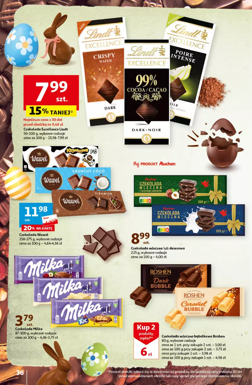 Gazetka promocyjna Auchan - Wielkanoc z najlepszej cenie! Część 1. Hipermarket Auchan - ważna 14.03 do 20.03.2024 - strona 36 - produkty: Czekolada, Czekolada mleczna, Deser, Lindt, Milka, Ser, Wawel