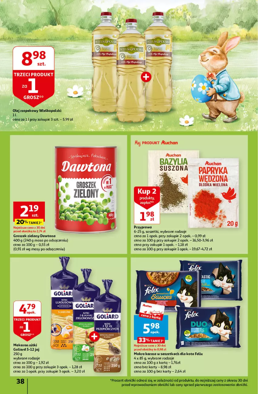 Gazetka promocyjna Auchan - Wielkanoc z najlepszej cenie! Część 1. Hipermarket Auchan - ważna 14.03 do 20.03.2024 - strona 38 - produkty: Bazyl, Bazylia, Dawtona, Fa, Felix, Goliard, Groszek, Makaron, Mokra karma, Olej, Olej rzepakowy