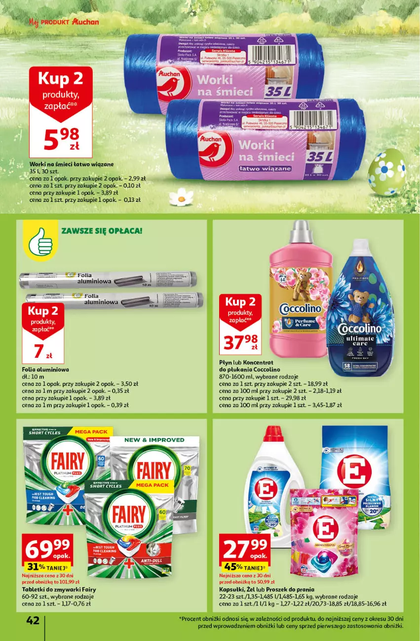 Gazetka promocyjna Auchan - Wielkanoc z najlepszej cenie! Część 1. Hipermarket Auchan - ważna 14.03 do 20.03.2024 - strona 42 - produkty: Coccolino, Fa, Fairy, Folia aluminiowa, Proszek do prania, Tablet, Tabletki do zmywarki, Worki na śmiec, Worki na śmieci, Zmywarki