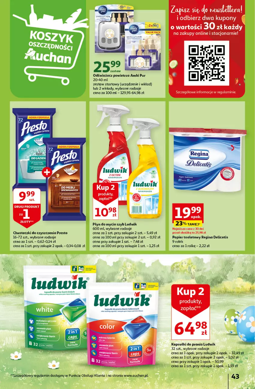 Gazetka promocyjna Auchan - Wielkanoc z najlepszej cenie! Część 1. Hipermarket Auchan - ważna 14.03 do 20.03.2024 - strona 43 - produkty: Ambi Pur, Chusteczki, Chusteczki do czyszczenia, Gin, Kapsułki do prania, Ludwik, Odświeżacz powietrza, Papier, Papier toaletowy, Płyn do mycia, Presto, Pur