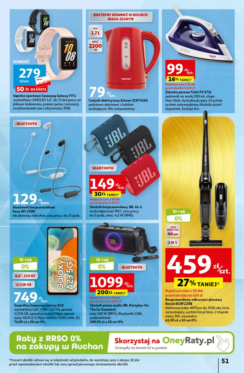 Gazetka promocyjna Auchan - Wielkanoc z najlepszej cenie! Część 1. Hipermarket Auchan - ważna 14.03 do 20.03.2024 - strona 51 - produkty: Amol, Bateria, Bosch, Czajnik, Czajnik elektryczny, Fa, Gala, Głośnik, JBL, Mikrofon, Monitor, Odkurzacz, Opaska, Pojemnik, Por, Power audio, Samsung, Słuchawki, Słuchawki bezprzewodowe, Smartfon, Sony, Sport, Szczotka, Tefal, Top, Zelmer