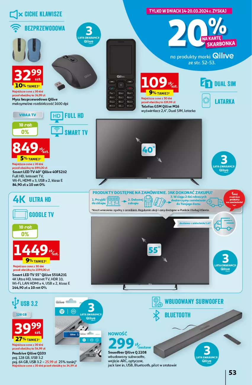 Gazetka promocyjna Auchan - Wielkanoc z najlepszej cenie! Część 1. Hipermarket Auchan - ważna 14.03 do 20.03.2024 - strona 53 - produkty: Kosz, Latarka, LED TV, Mysz, Mysz bezprzewodowa, Pendrive, Soundbar, Subwoofer, Tarka, Telefon