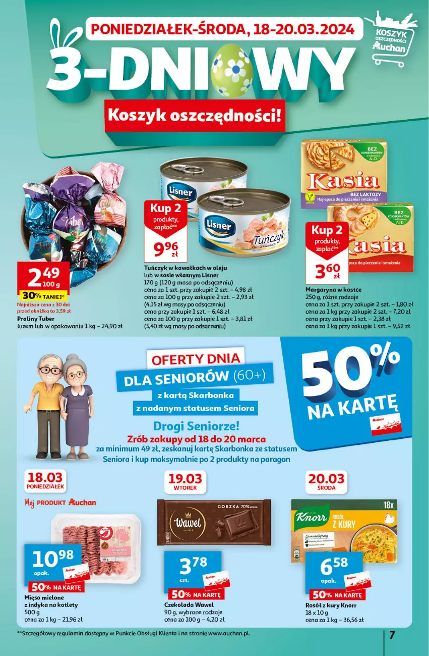 Gazetka promocyjna Auchan - Wielkanoc z najlepszej cenie! Część 1. Hipermarket Auchan - ważna 14.03 do 20.03.2024 - strona 7 - produkty: Czekolada, Kawa, Knorr, Kosz, Kotlet, Lisner, Margaryna, Mięso, Mięso mielone, Olej, Piec, Praliny, Rosół, Sos, Tuńczyk, Wawel