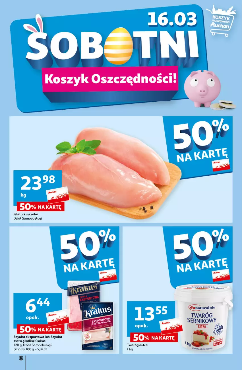 Gazetka promocyjna Auchan - Wielkanoc z najlepszej cenie! Część 1. Hipermarket Auchan - ważna 14.03 do 20.03.2024 - strona 8 - produkty: Krakus, Kurczak, Por, Ser, Sport, Szynka, Twaróg