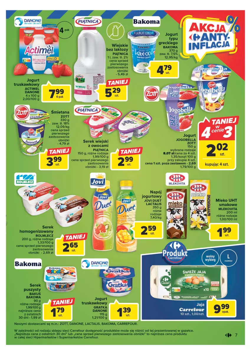 Gazetka promocyjna Carrefour - Gazetka Targ świeżości - ważna 17.04 do 22.04.2023 - strona 7 - produkty: Actimel, Bakoma, Bell, Bella, Danone, Gra, Jogobella, Jogurt, Kosz, Mleko, Mlekovita, Napój, Piątnica, Rolmlecz, Ser, Serek, Zott