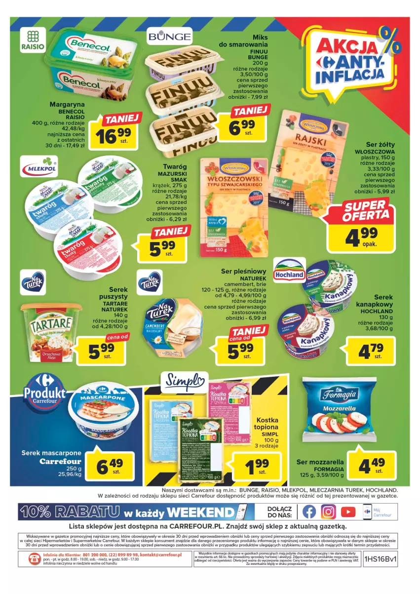Gazetka promocyjna Carrefour - Gazetka Targ świeżości - ważna 17.04 do 22.04.2023 - strona 8 - produkty: Benecol, Brie, Camembert, Cars, Finuu, Hochland, Margaryna, Mascarpone, Mozzarella, NaTurek, Ser, Ser pleśniowy, Serek, Taca, Tarta, Tartare, Top, Włoszczowski
