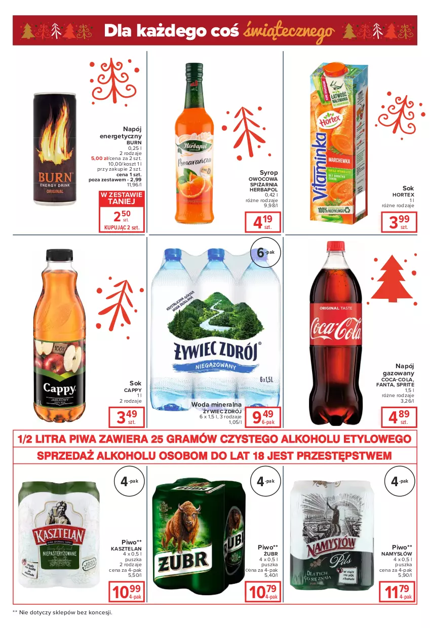 Gazetka promocyjna Carrefour - Gazetka Globi - ważna 07.12 do 13.12.2021 - strona 4 - produkty: Cappy, Coca-Cola, Fa, Fanta, Gra, Herbapol, Hortex, Kasztelan, Kosz, Namysłów, Napój, Napój energetyczny, Napój gazowany, Piwa, Piwo, Sok, Sprite, Syrop, Woda, Woda mineralna