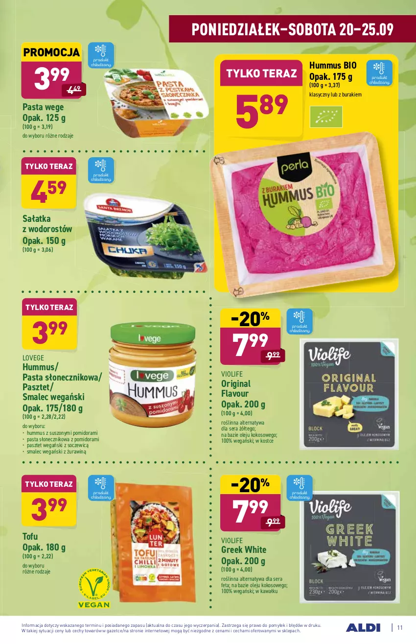 Gazetka promocyjna Aldi - ważna 20.09 do 25.09.2021 - strona 11 - produkty: Buraki, Feta, Gin, Hummus, Kawa, Kokos, Mus, Olej, Pasztet, Sałat, Sałatka, Ser, Smalec, Tera, Tofu