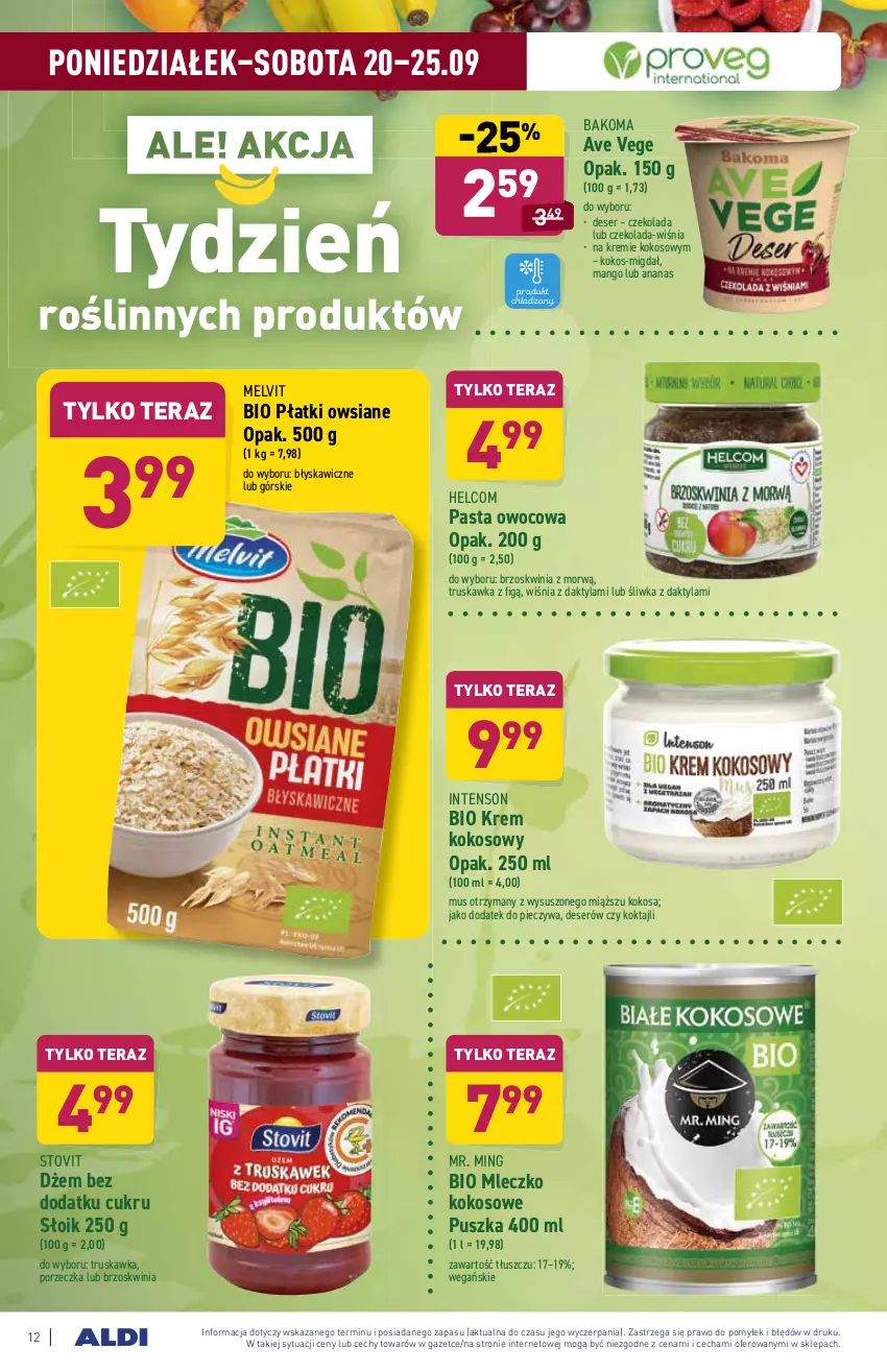 Gazetka promocyjna Aldi - ważna 20.09 do 25.09.2021 - strona 12 - produkty: Ananas, Bakoma, Czekolada, Deser, Dżem, HELCOM, Kokos, Mango, Melvit, Mleczko, Mus, Piec, Płatki owsiane, Por, Ser, Tera