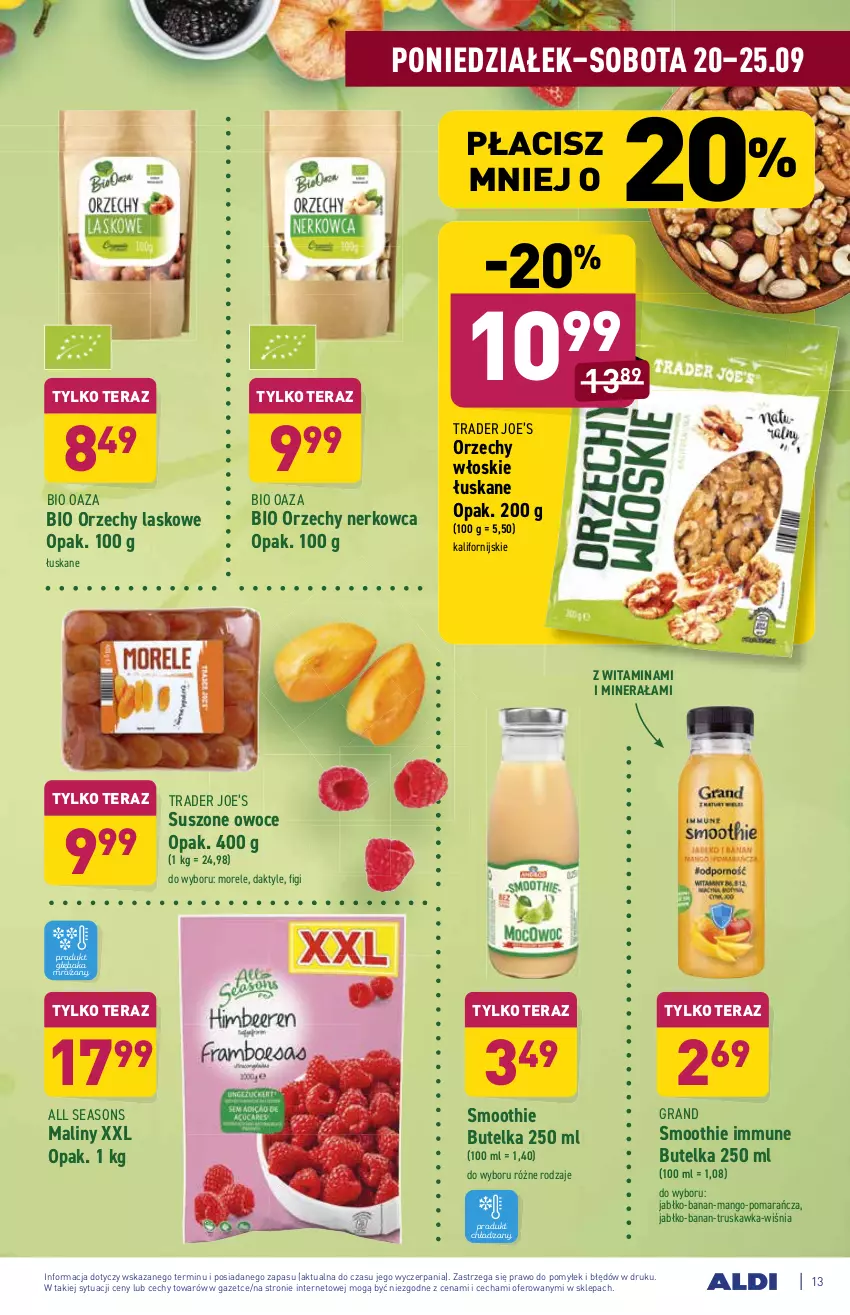 Gazetka promocyjna Aldi - ważna 20.09 do 25.09.2021 - strona 13 - produkty: All Seasons, Daktyle, Figi, Gra, Maliny, Mango, Orzechy włoskie, Owoce, Smoothie, Tera