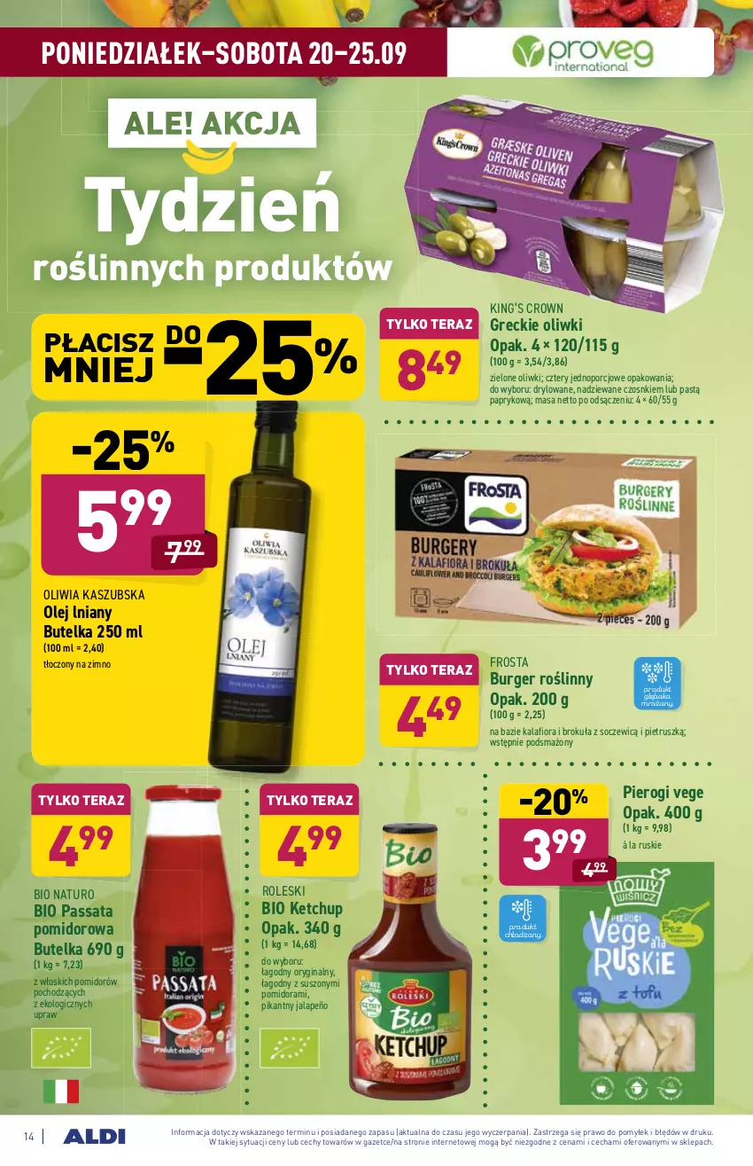 Gazetka promocyjna Aldi - ważna 20.09 do 25.09.2021 - strona 14 - produkty: Burger, Frosta, Gin, Kalafior, Ketchup, King’s Crown, Olej, Oliwki, Pierogi, Por, Tera