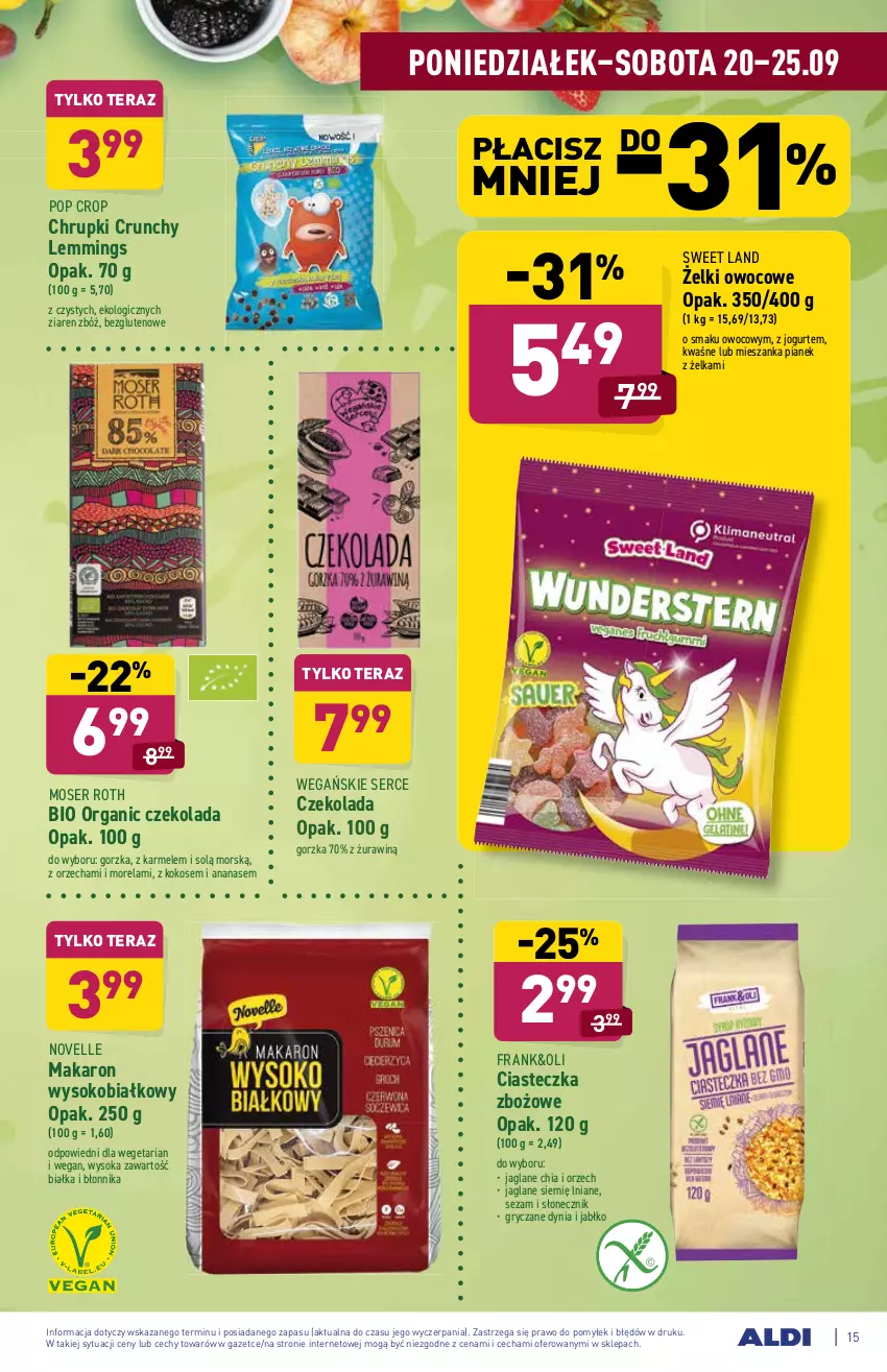 Gazetka promocyjna Aldi - ważna 20.09 do 25.09.2021 - strona 15 - produkty: Ananas, Chia, Chrupki, Czekolada, Gry, Jogurt, Kokos, Makaron, Morela, Moser Roth, Ser, Sezam, Sok, Tera