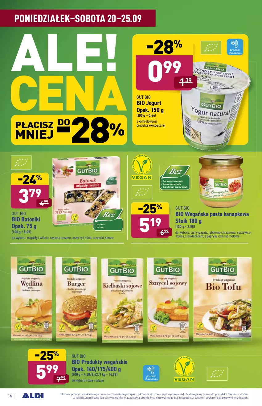 Gazetka promocyjna Aldi - ważna 20.09 do 25.09.2021 - strona 16 - produkty: Baton, Bio Batonik, Chrzan, Jogurt, Kokos, Migdały, Miód, Orzeszki, Orzeszki ziemne, Papaja, Ser, Sezam, Tonik