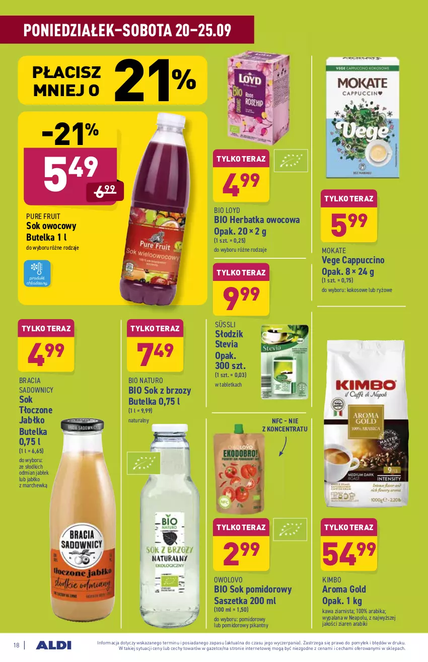 Gazetka promocyjna Aldi - ważna 20.09 do 25.09.2021 - strona 18 - produkty: Cappuccino, Kawa, Kawa ziarnista, Kokos, LANA, Loyd, Pur, Ryż, Sok, Sok pomidorowy, Tablet, Tera