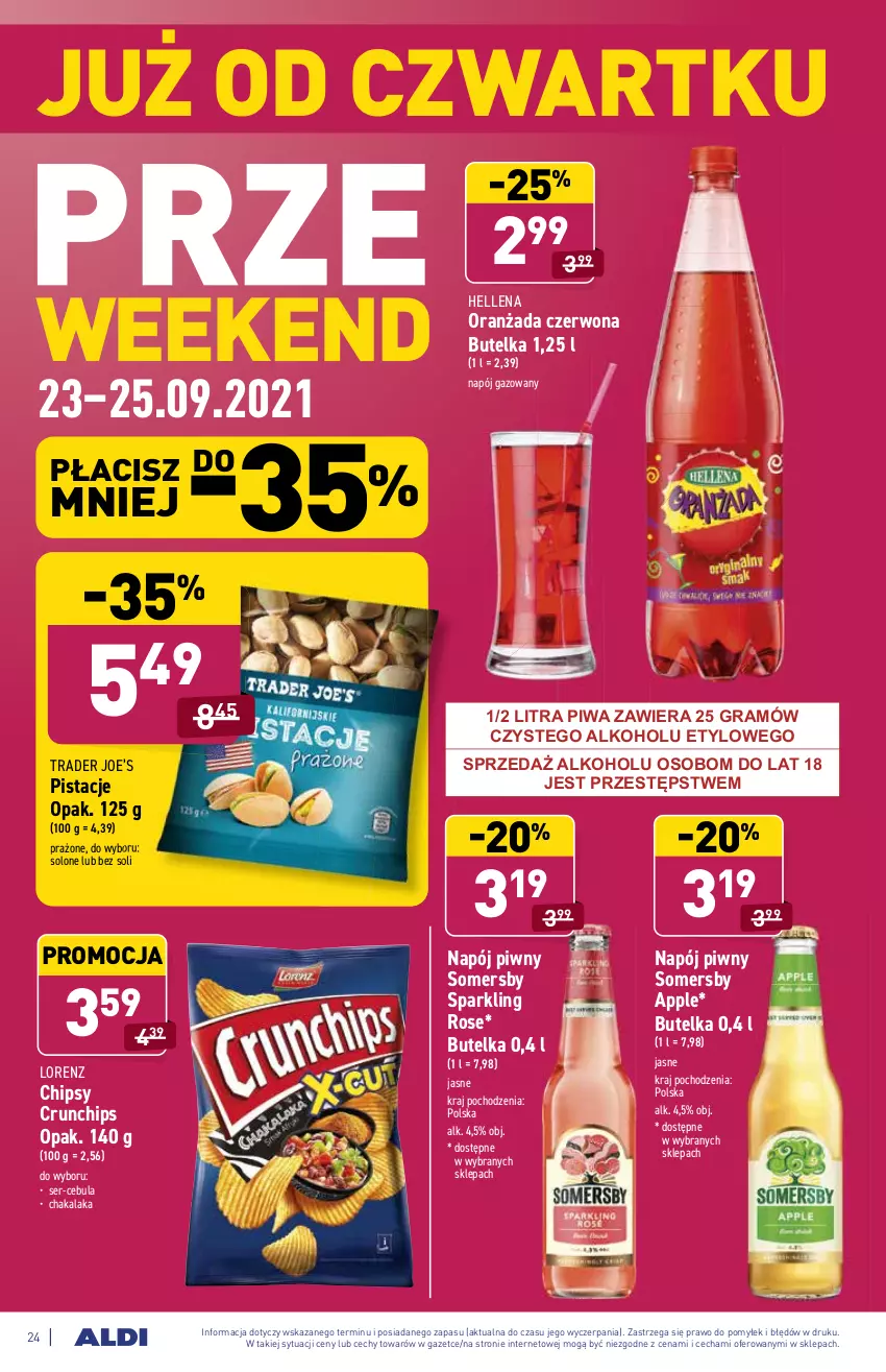 Gazetka promocyjna Aldi - ważna 20.09 do 25.09.2021 - strona 24 - produkty: Cebula, Chipsy, Crunchips, Gra, Hellena, Lorenz, Napój, Napój gazowany, Oranżada, Pistacje, Piwa, Ser, Somersby