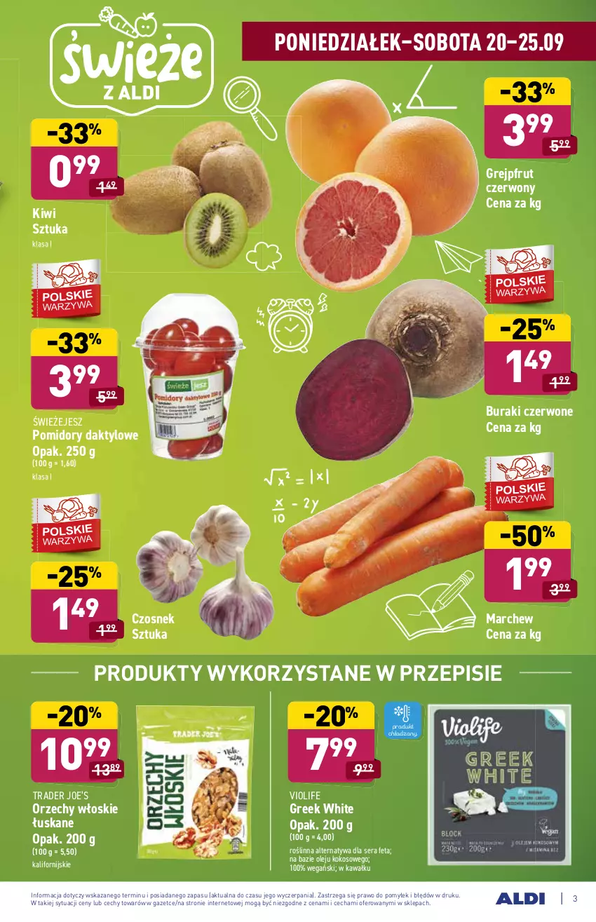 Gazetka promocyjna Aldi - ważna 20.09 do 25.09.2021 - strona 3 - produkty: Buraki, Czosnek, Feta, Grejpfrut, Kawa, Kiwi, Kokos, Olej, Orzechy włoskie, Pomidory, Ser