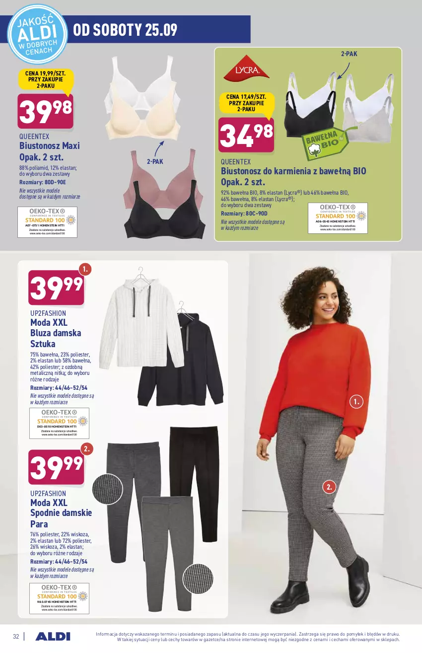 Gazetka promocyjna Aldi - ważna 20.09 do 25.09.2021 - strona 32 - produkty: Biustonosz, Bluza, Fa, Karmi, Moda, Queentex, Spodnie, Wełna