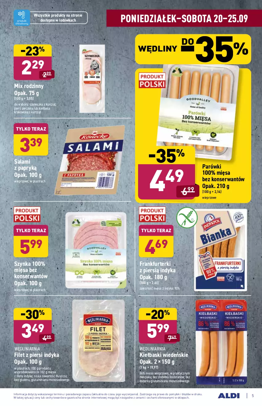 Gazetka promocyjna Aldi - ważna 20.09 do 25.09.2021 - strona 5 - produkty: Filet z piersi indyka, Frankfurterki, Kiełbasa, Kiełbasa krakowska, Lodówka, Mięso, Mięso wieprzowe, Parówki, Piec, Salami, Salami z papryką, Ser, Szynka, Tera