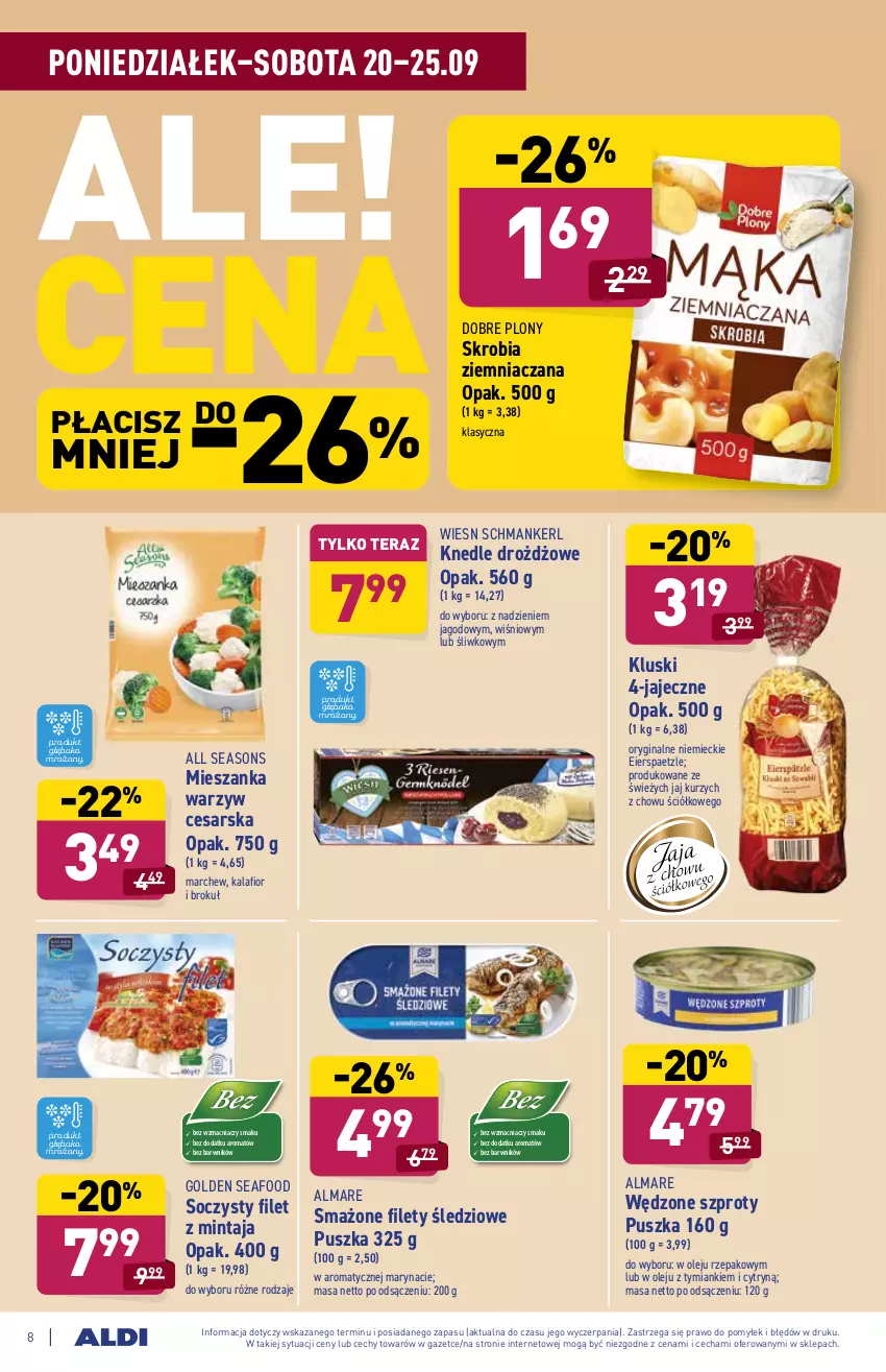 Gazetka promocyjna Aldi - ważna 20.09 do 25.09.2021 - strona 8 - produkty: All Seasons, Filet z mintaja, Gin, Golden Seafood, Kalafior, Knedle, Mieszanka warzyw, Mintaj, Olej, Skrobia ziemniaczana, Szprot, Tera