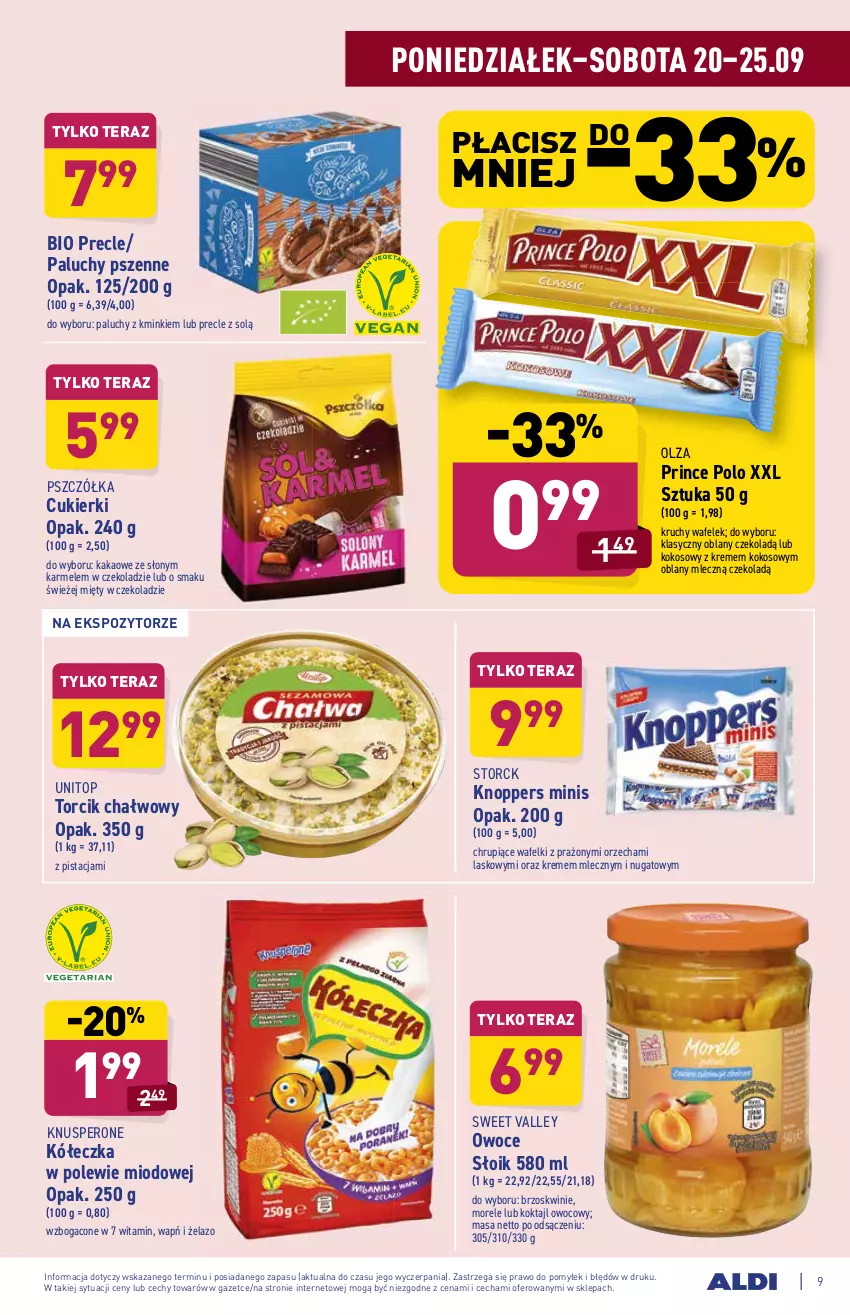 Gazetka promocyjna Aldi - ważna 20.09 do 25.09.2021 - strona 9 - produkty: Brzoskwinie, Cukier, Cukierki, Kakao, Knoppers, Kokos, Owoce, Precle, Prince Polo, Tera, Top, Wafelek