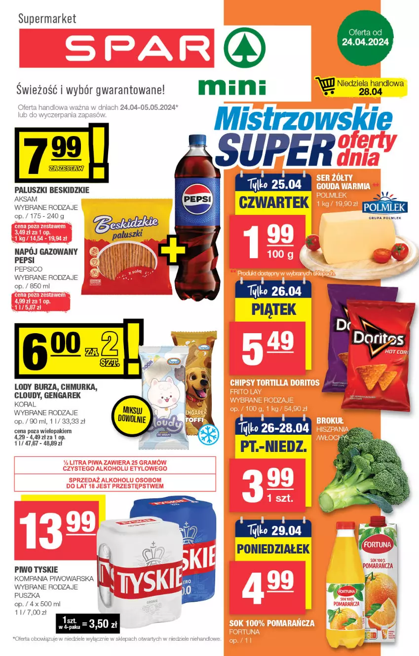 Gazetka promocyjna Spar - Spar-Mini - ważna 21.04 do 01.05.2024 - strona 1 - produkty: Aksam, Beskidzki, Lody, Pepsi, Piwo, POLMLEK, Tyskie