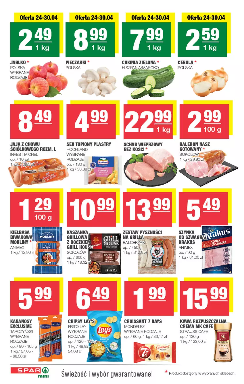 Gazetka promocyjna Spar - Spar-Mini - ważna 21.04 do 01.05.2024 - strona 2 - produkty: 7 Days, Chipsy, Gra, Grill, Hochland, Jaja, Kabanos, Kasza, Kaszanka, Kawa, Kawa rozpuszczalna, Kiełbasa, Krakus, Morliny, Piec, Schab wieprzowy, Ser, Ser topiony, Sok, Sokołów, Szynka, Top