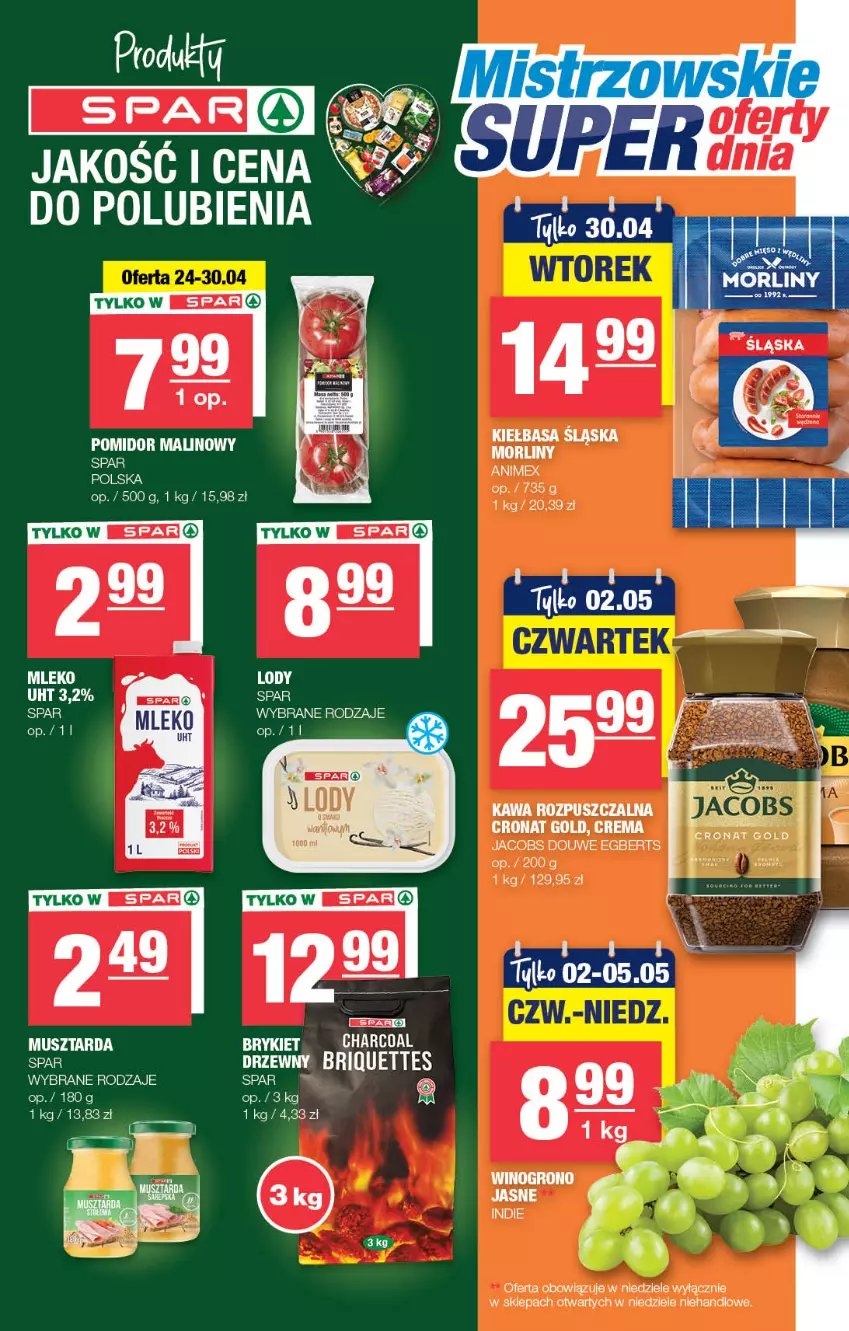 Gazetka promocyjna Spar - Spar-Mini - ważna 21.04 do 01.05.2024 - strona 3 - produkty: Fa, Jacobs, Kawa, Kawa rozpuszczalna, Kiełbasa, Kiełbasa śląska, Lody, Mleko, Morliny, Mus, Musztarda, Wino