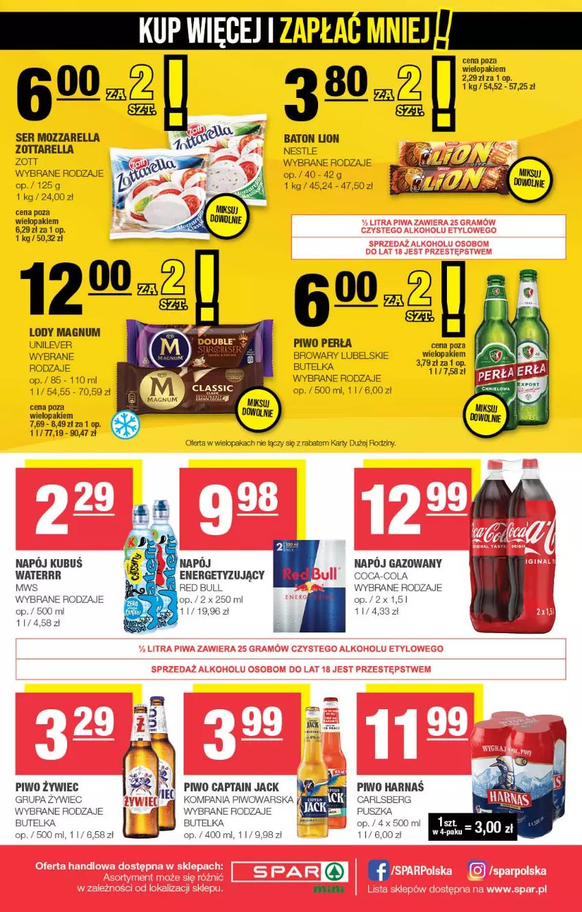 Gazetka promocyjna Spar - Spar-Mini - ważna 21.04 do 01.05.2024 - strona 4 - produkty: Baton, Captain Jack, Carlsberg, Coca-Cola, Harnaś, Lion, Lody, Mozzarella, Napój, Napój gazowany, Perła, Piwo, Red Bull, Ser, Zott, Zottarella