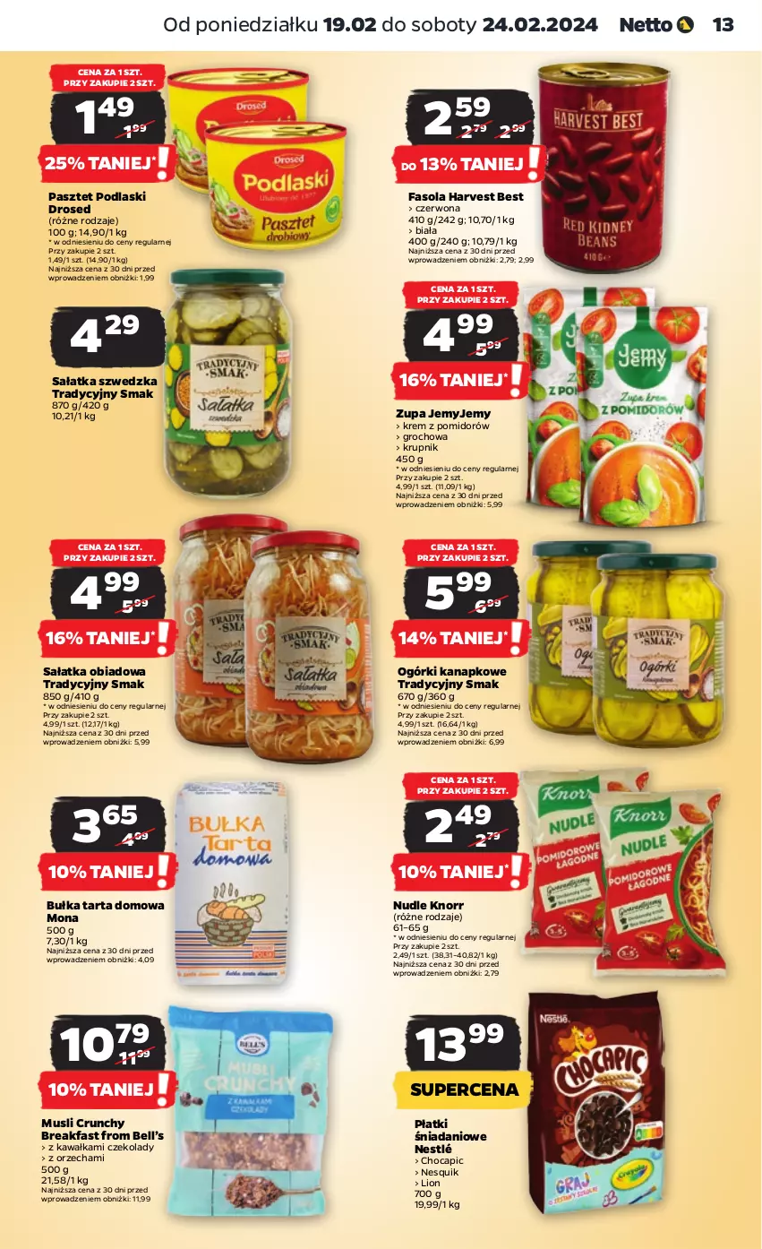 Gazetka promocyjna Netto - Artykuły spożywcze - ważna 19.02 do 24.02.2024 - strona 13 - produkty: Bell, Bułka, Bułka tarta, Danio, Fa, Fasola, Groch, Kawa, Knorr, Krupnik, Lion, Mus, Nesquik, Nestlé, Pasztet, Podlaski, Sałat, Sałatka, Tarta, Zupa