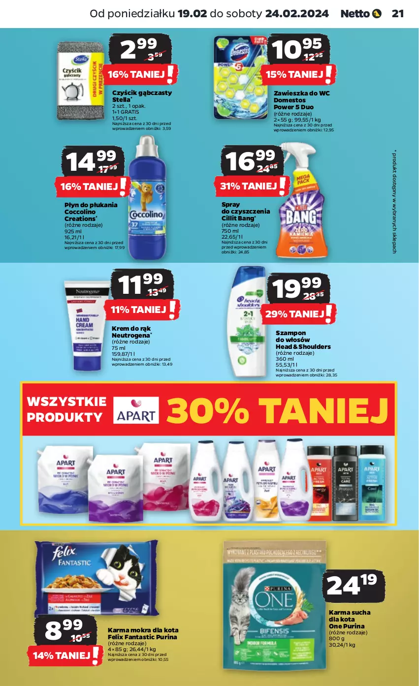 Gazetka promocyjna Netto - Artykuły spożywcze - ważna 19.02 do 24.02.2024 - strona 21 - produkty: Cillit Bang, Coccolino, Domestos, Fa, Fanta, Felix, Gra, Krem do rąk, Neutrogena, Płyn do płukania, Pur, Purina, Spray do czyszczenia, Szampon, Zawieszka do wc