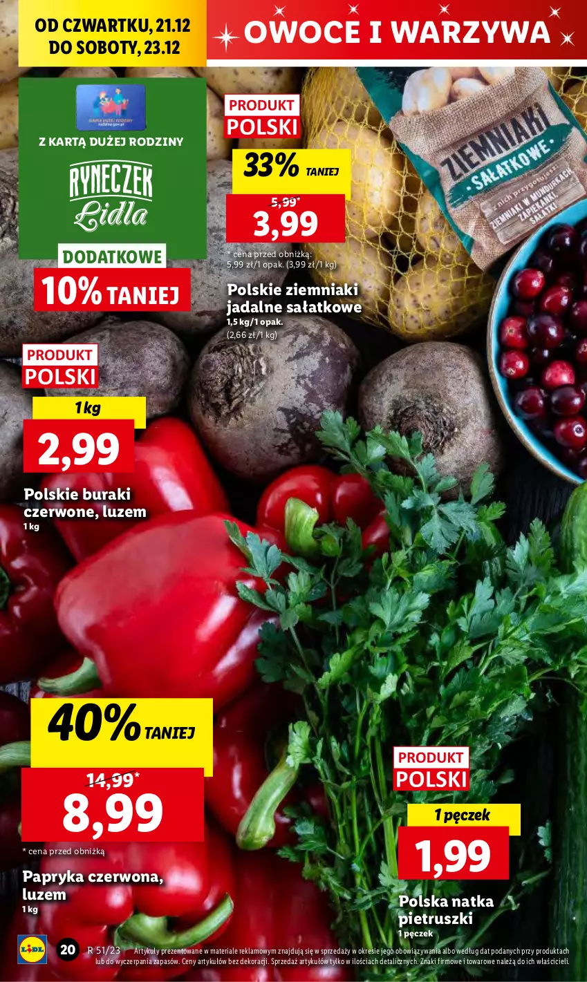 Gazetka promocyjna Lidl - GAZETKA - ważna 21.12 do 23.12.2023 - strona 20 - produkty: Buraki, Chleb, Natka pietruszki, Owoce, Papryka, Papryka czerwona, Sałat, Ser, Warzywa, Warzywa i owoce, Ziemniaki