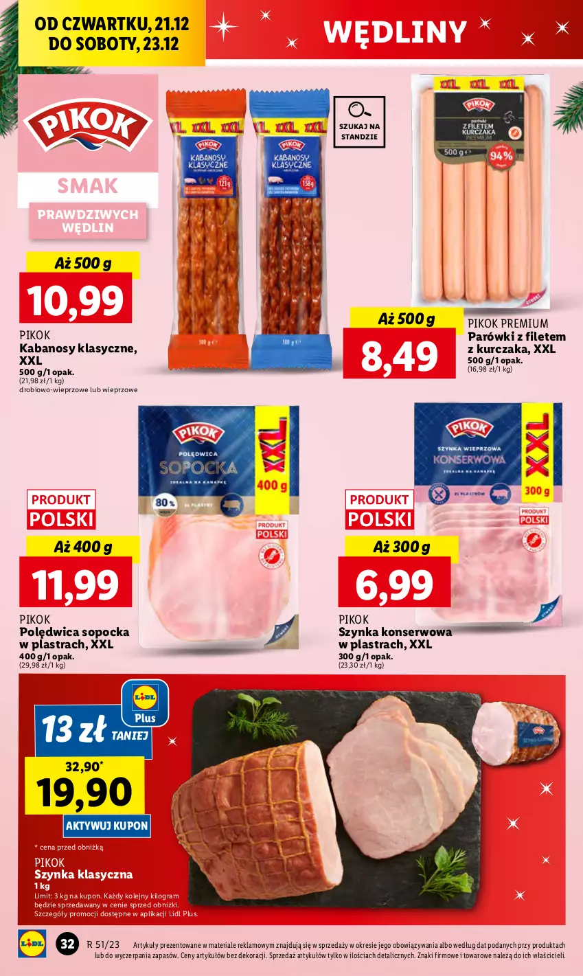 Gazetka promocyjna Lidl - GAZETKA - ważna 21.12 do 23.12.2023 - strona 32 - produkty: Gra, Kabanos, Kurczak, Olej, Parówki, PIKOK, Polędwica, Ser, Szynka, Szynka konserwowa