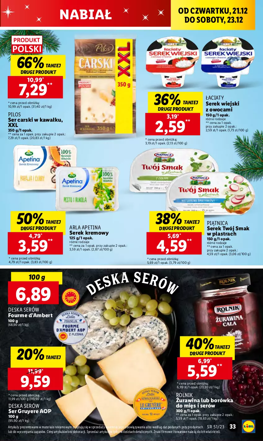 Gazetka promocyjna Lidl - GAZETKA - ważna 21.12 do 23.12.2023 - strona 33 - produkty: Borówka, Cars, Deska serów, Kawa, Piątnica, Pilos, Rolnik, Ser, Serek, Serek wiejski, Twój Smak