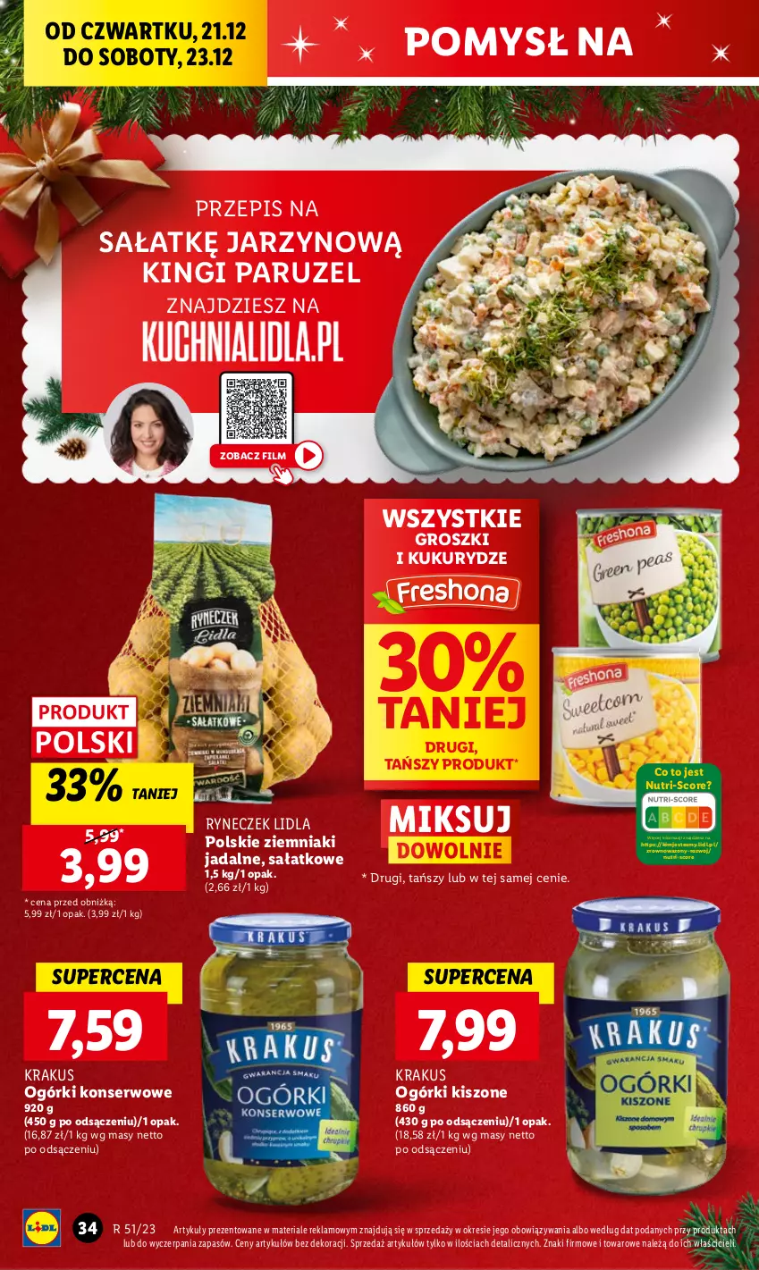 Gazetka promocyjna Lidl - GAZETKA - ważna 21.12 do 23.12.2023 - strona 34 - produkty: Krakus, Ogórki konserwowe, Sałat, Ser, Wazon, Ziemniaki