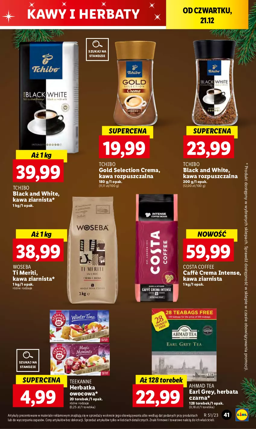 Gazetka promocyjna Lidl - GAZETKA - ważna 21.12 do 23.12.2023 - strona 43 - produkty: Earl Grey, Herbata, Herbata czarna, Kawa, Kawa rozpuszczalna, Kawa ziarnista, Lack, Tchibo, Teekanne, Torebka, Woseba