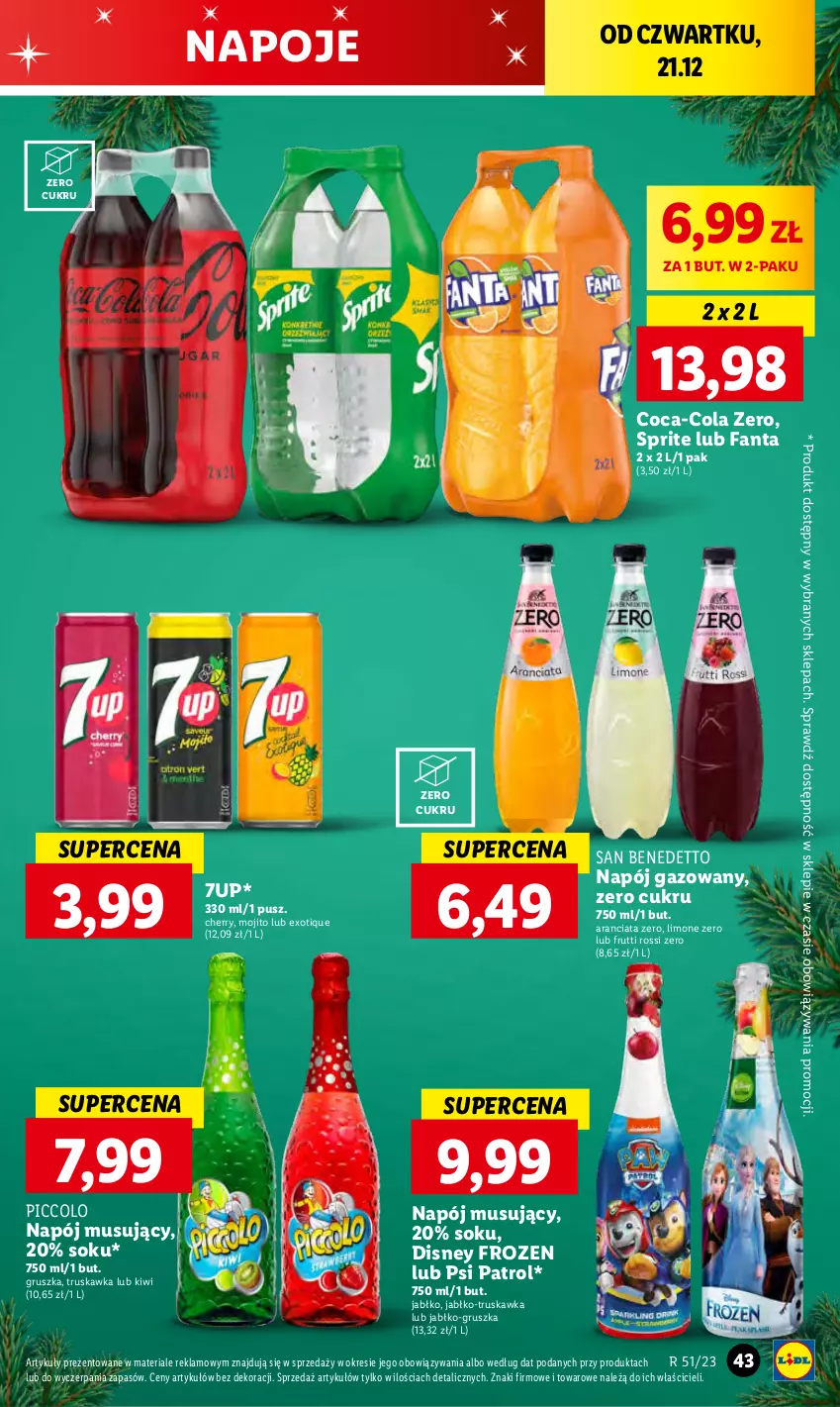 Gazetka promocyjna Lidl - GAZETKA - ważna 21.12 do 23.12.2023 - strona 45 - produkty: 7up, Coca-Cola, Disney, Fa, Fanta, Frozen, Kiwi, Mus, Napój, Napój gazowany, Napój musujący, Napoje, Psi Patrol, Sok, Sprite