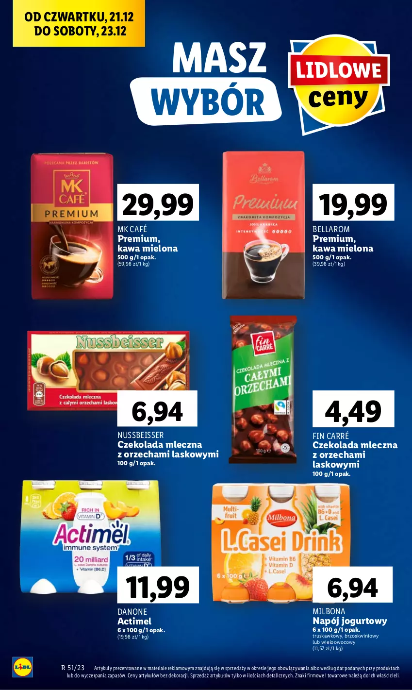 Gazetka promocyjna Lidl - GAZETKA - ważna 21.12 do 23.12.2023 - strona 52 - produkty: Actimel, Bell, Bella, Czekolada, Czekolada mleczna, Danone, Jogurt, Kawa, Kawa mielona, Napój, Napój jogurtowy, Ser