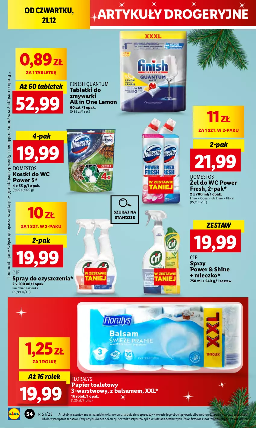 Gazetka promocyjna Lidl - GAZETKA - ważna 21.12 do 23.12.2023 - strona 58 - produkty: Cif, Domestos, Finish, Flora, Kuchnia, Mleczko, Papier, Papier toaletowy, Spray do czyszczenia, Tablet, Zmywarki