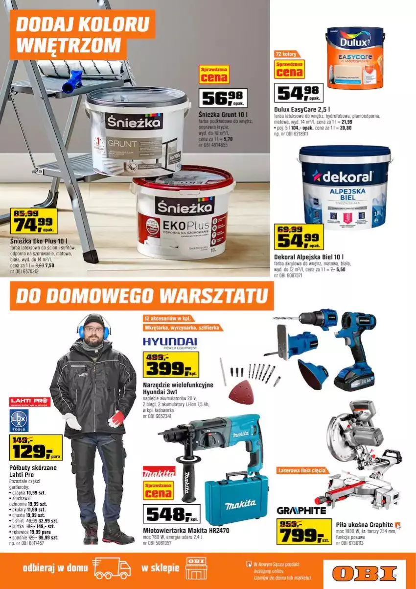 Gazetka promocyjna Obi - Gazetka OBI - ważna 27.10 do 09.11.2021 - strona 19 - produkty: Akumulator, Buty, Chusta, Dekoral, Dulux, Fa, Farba lateksowa, Gra, Kurtka, Makita, Młot, Młotowiertarka, Półbuty, Por, Spodnie, Tarka, Warka, Wiertarka