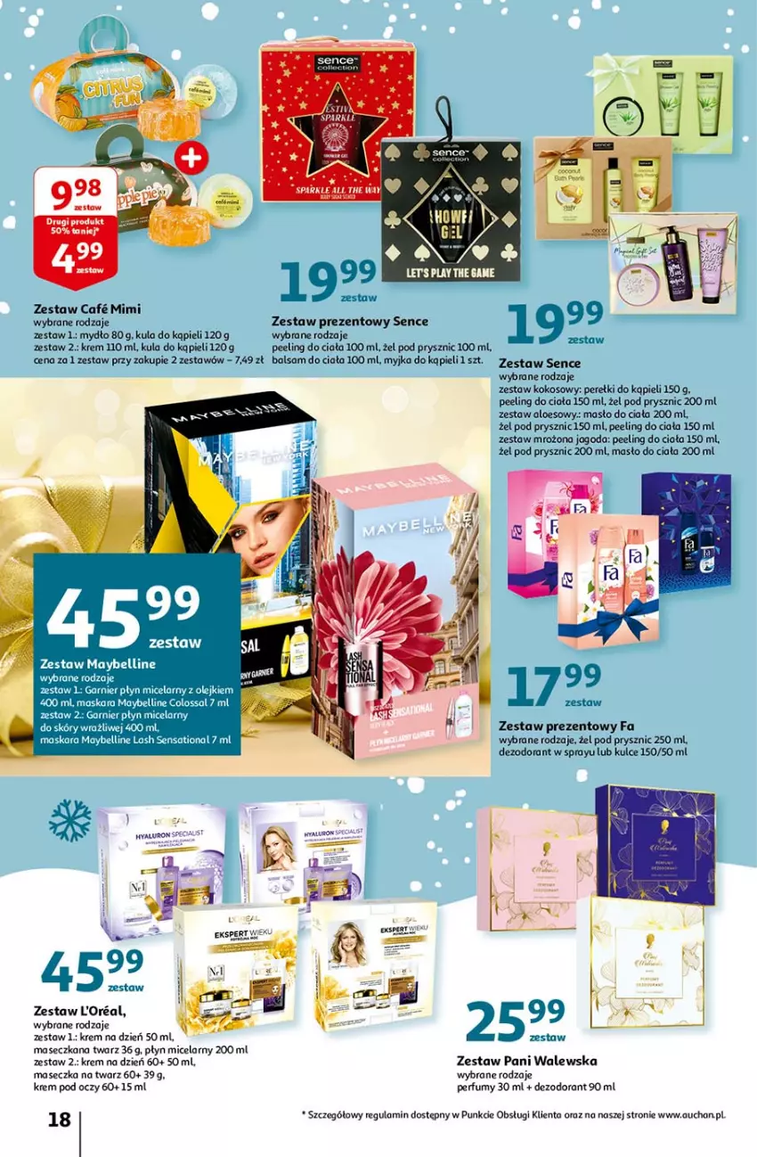 Gazetka promocyjna Auchan - Magia Mikołajkowa Hipermarkety - ważna 02.12 do 08.12.2021 - strona 18 - produkty: Balsam do ciała, Bell, Dezodorant, Fa, Garnier, Kokos, Krem na dzień, Krem pod oczy, Kula do kąpieli, Maska, Maskara, Masło, Masło do ciała, Maybelline, Mydło, Olej, Peeling, Perfum, Płyn micelarny, Sati, Zestaw prezentowy