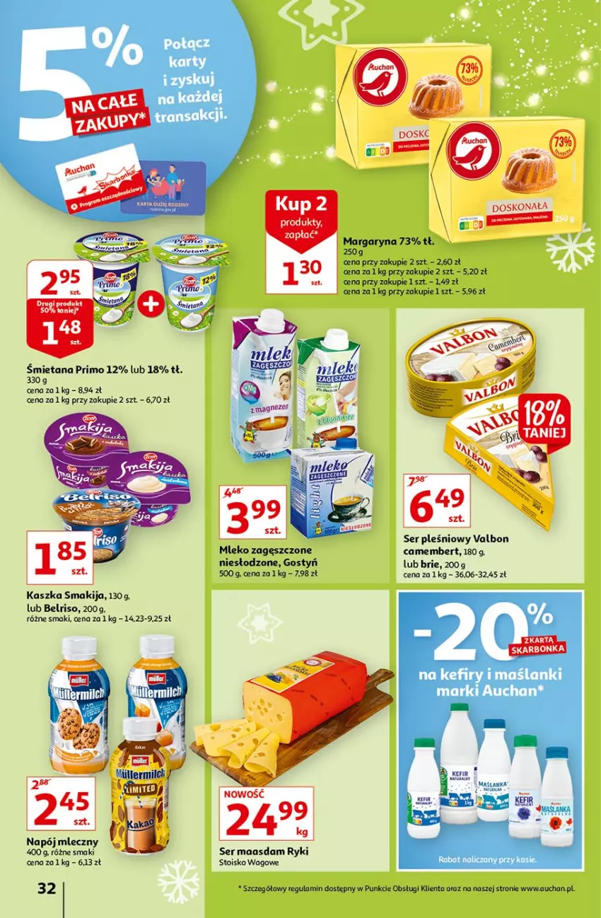 Gazetka promocyjna Auchan - Magia Mikołajkowa Hipermarkety - ważna 02.12 do 08.12.2021 - strona 32 - produkty: Belriso, Brie, Camembert, Kefir, Lanki, Maasdam, Mleko, Mleko zagęszczone, Napój, Napój mleczny, Ser, Ser pleśniowy, Smakija, Tran