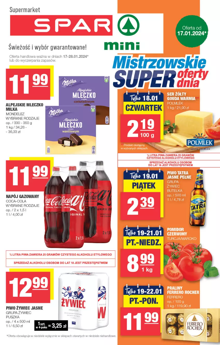 Gazetka promocyjna Spar - Spar-Mini - ważna 14.01 do 24.01.2024 - strona 1 - produkty: Coca-Cola, Milka, Mleczko, Napój, Napój gazowany, Piwo