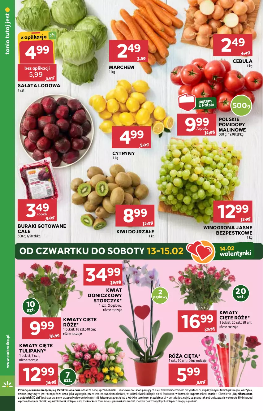 Gazetka promocyjna Stokrotka - Market - ważna 13.02 do 19.02.2025 - strona 8 - produkty: Bukiet, Buraki, Cebula, Cytryny, Kiwi, Kwiaty cięte, Mięso, Owoce, Pomidory, Róża, Sałat, Sałata lodowa, Storczyk, Tulipan, Warzywa, Wino, Winogrona