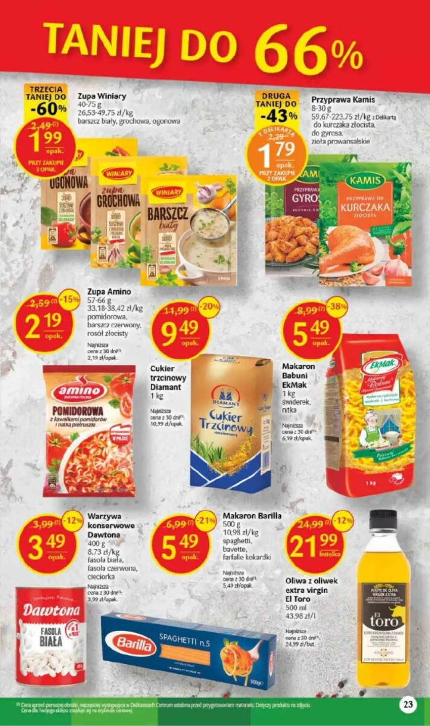 Gazetka promocyjna Delikatesy Centrum - ważna 10.08 do 16.08.2023 - strona 16 - produkty: Babuni, Barilla, Cieciorka, Cukier, Dawtona, Diamant, Fa, Fasola, Gin, Groch, Gyros, Kamis, Kawa, Makaron, Oliwa z oliwek, Orka, Rosół, Ser, Spaghetti, Winiary, Zupa